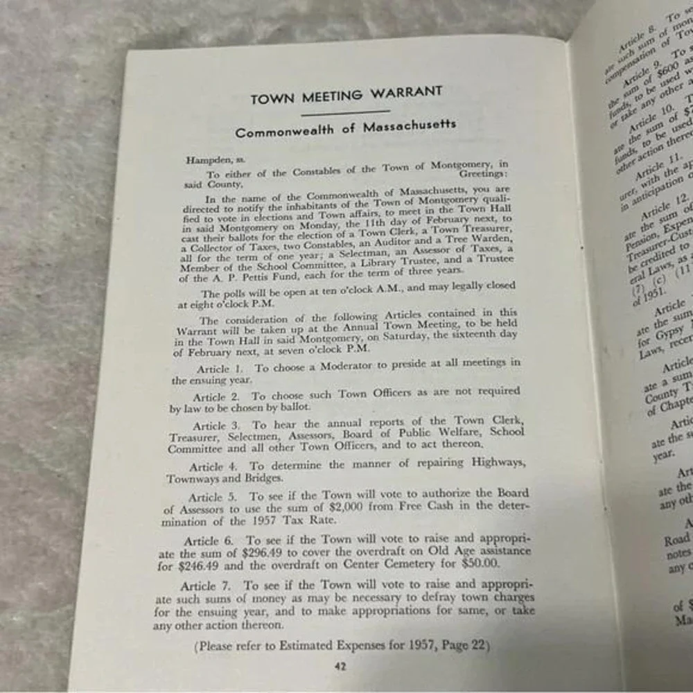 Town of Montgomery Massachusetts Annual Report 1956 Vintage